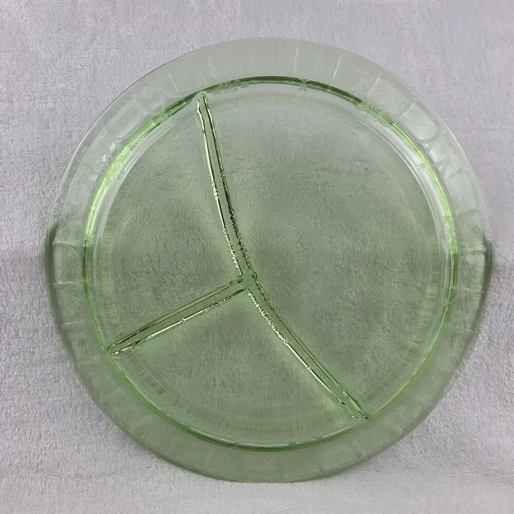 Uranium Glass Divided Plate Ballerina Cameo Dancing Girl Green Platter GLOWS